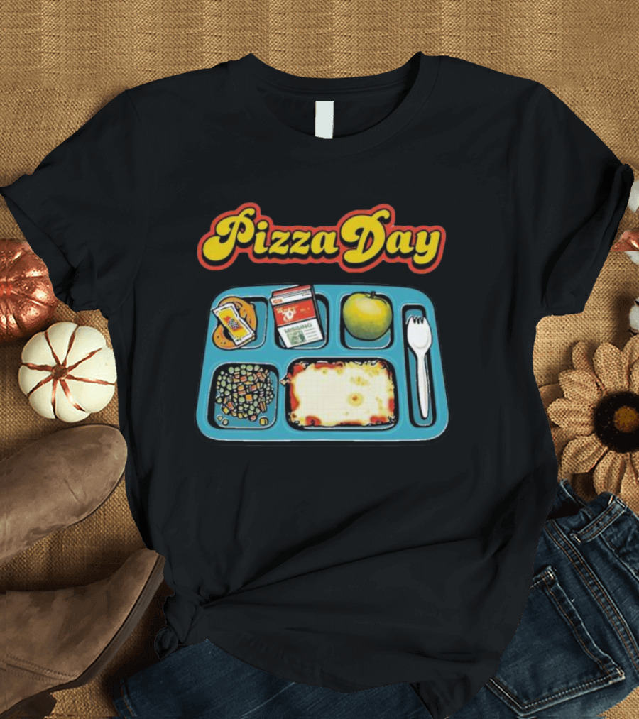 S7s Pizza Day Cafeteria Lunch Tray with Pizza, Milk, Apple, Cookies, Fork, and Vegetables T-Shirt