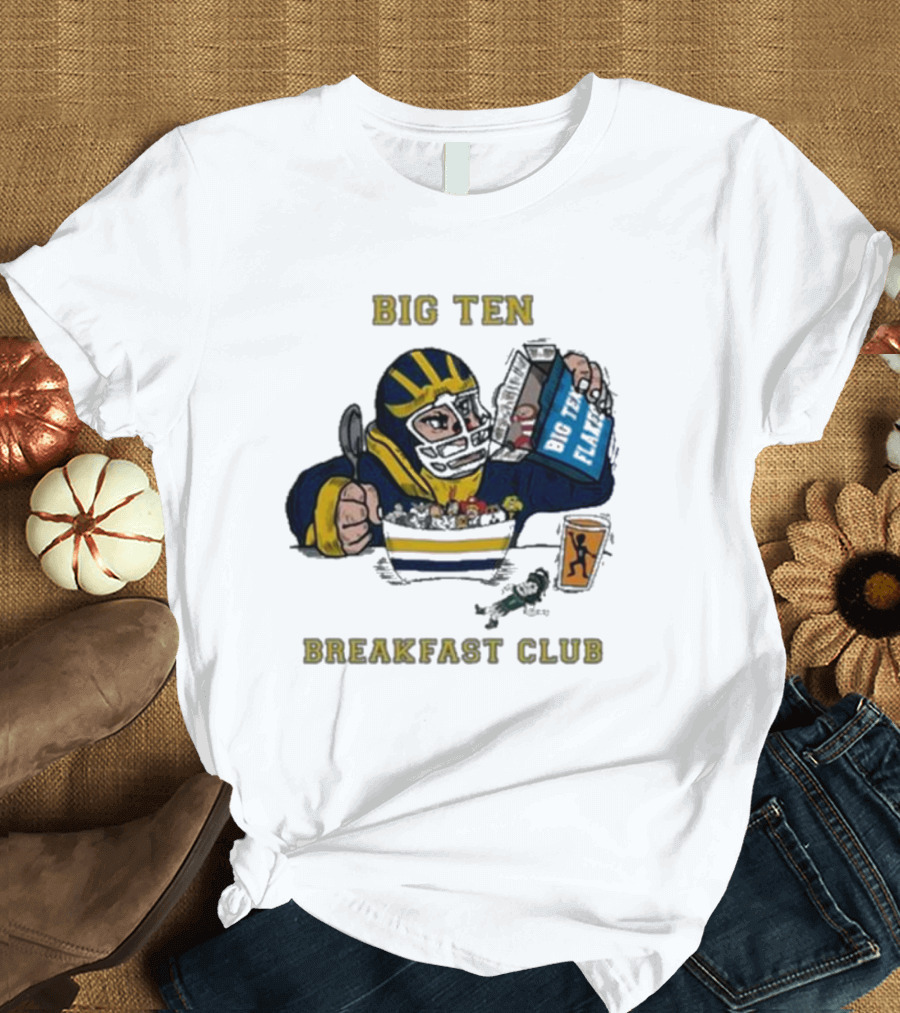 Big Ten Breakfast Club Michigan Wolverines Player Eating Cereal with Blue Box and Orange Cup T-Shirt