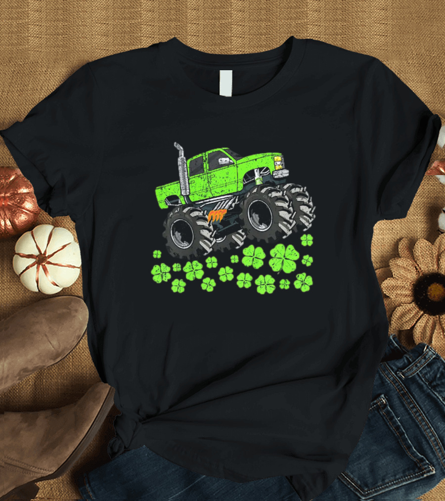 Kids Boys St Patricks Day Toddler Lucky Green Monster Truck with Shamrocks T-Shirt