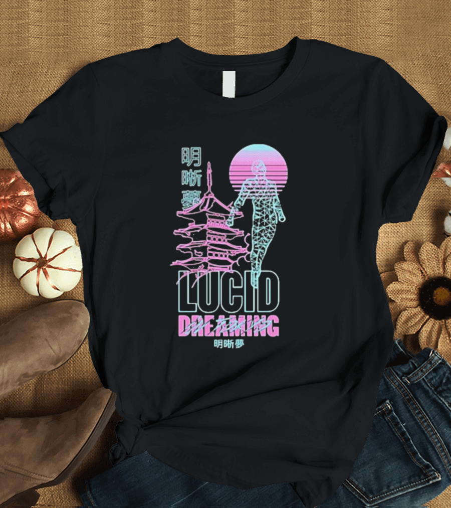 Lucid Dreaming Tokyo Japan Neon Pagoda and Wireframe Figure T-Shirt