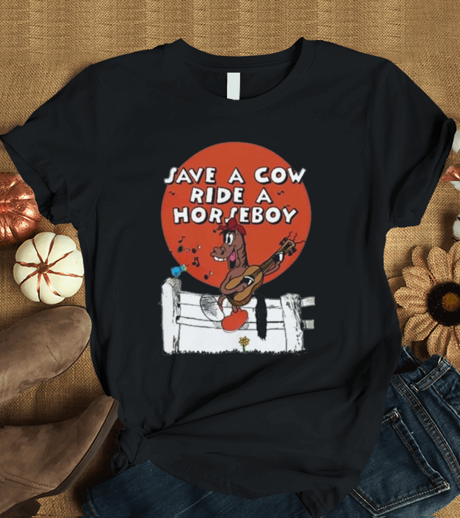 Save A Cow Ride A Horseboy Cartoon Horse Playing Guitar T-Shirt