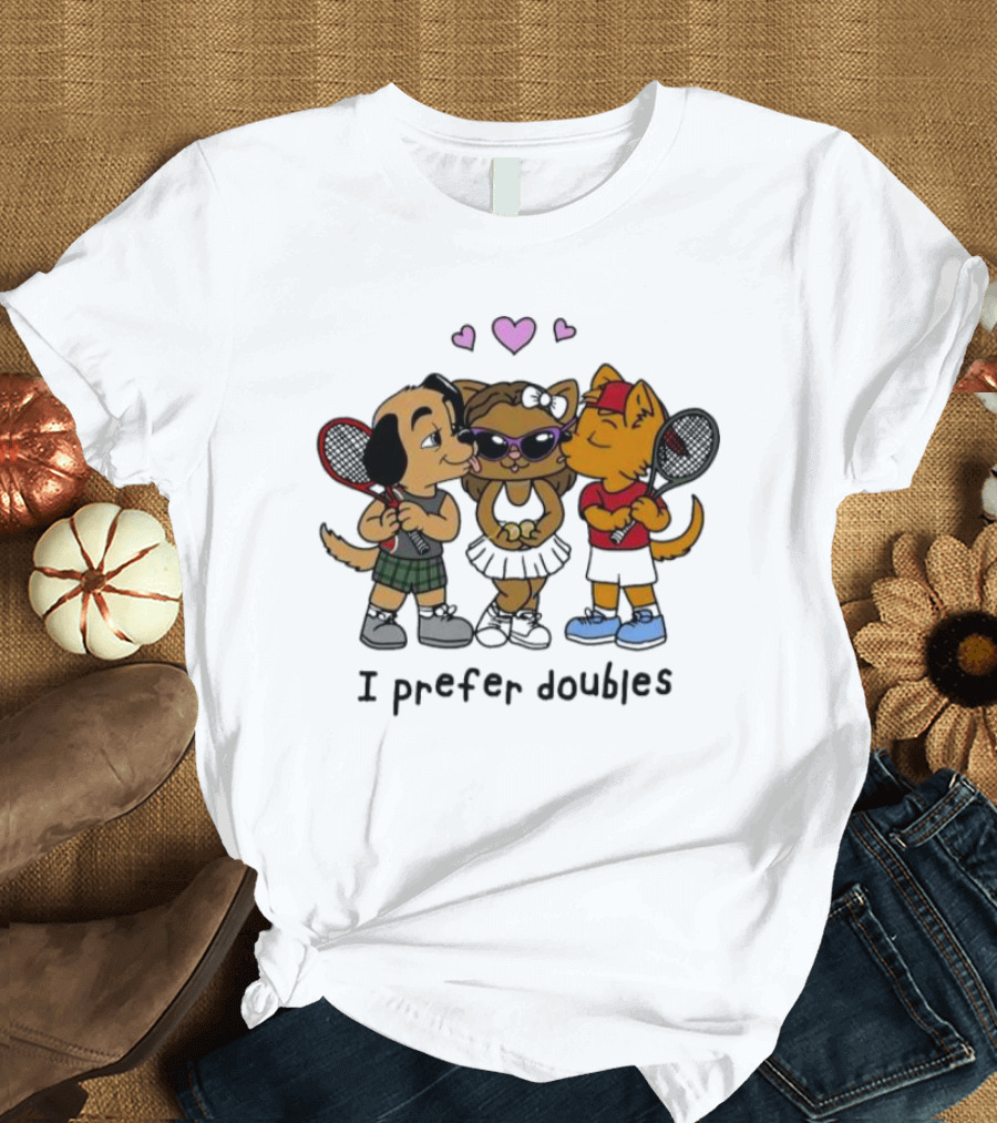 I Prefer Doubles Cute Animals with Tennis Rackets and Hearts T-Shirt