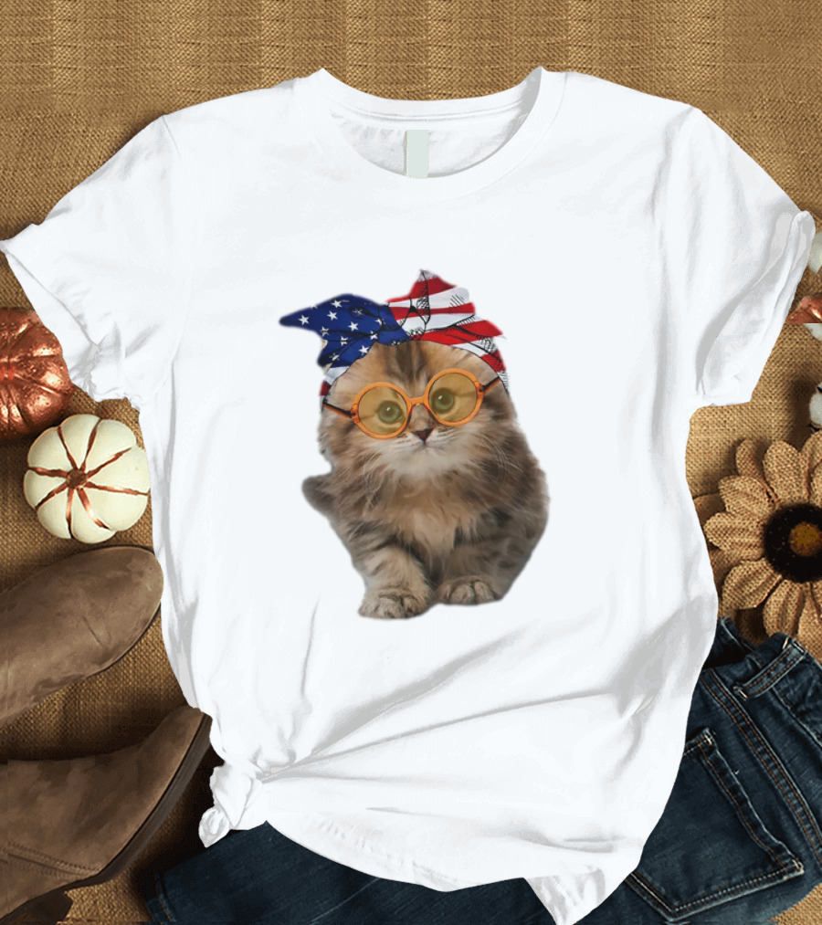Adorable Cat in American Flag Bandana and Glasses Celebrating USA 4th of July Cats 365 T-Shirt