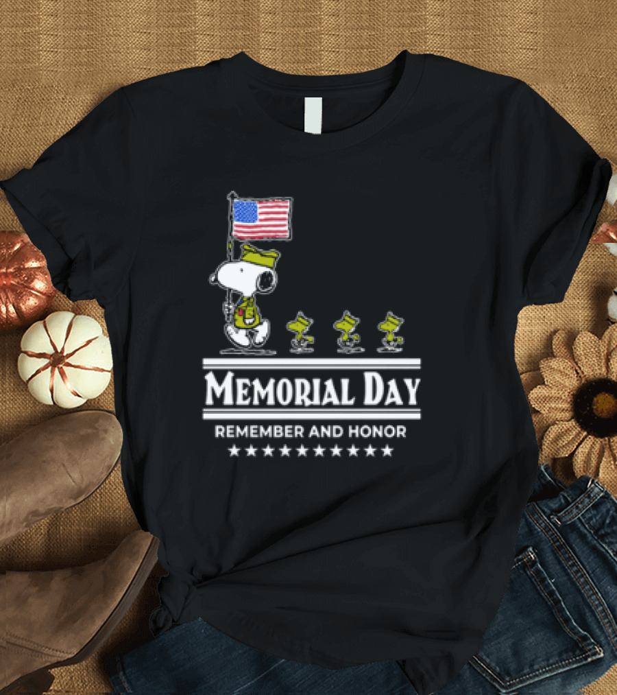 Memorial Day Snoopy and Woodstock Remember and Honor with American Flag T-Shirt