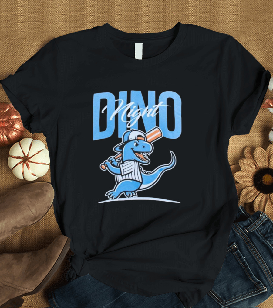 Dino Night Baseball Player Dinosaur in Cap with Bat T-Shirt