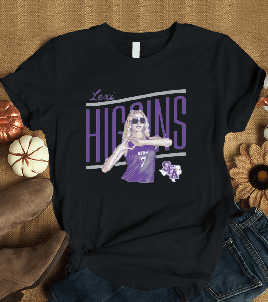 Lexi Higgins SFASU Volleyball Player Number 7 with Sunglasses and Heart Gesture T-Shirt
