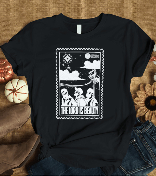 T-Shirt: The Lord Is Beauty Three Figures Under Night Sky Clouds Birds Sun and Powerlines T-Shirt The Lord Is Beauty Three Figures Under Night Sky Clouds Birds Sun and Powerlines T-Shirt
