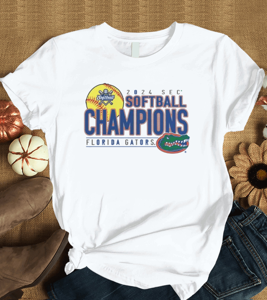 Florida Gators 2024 SEC Softball Champions Emblem with Baseball and Team T-Shirt