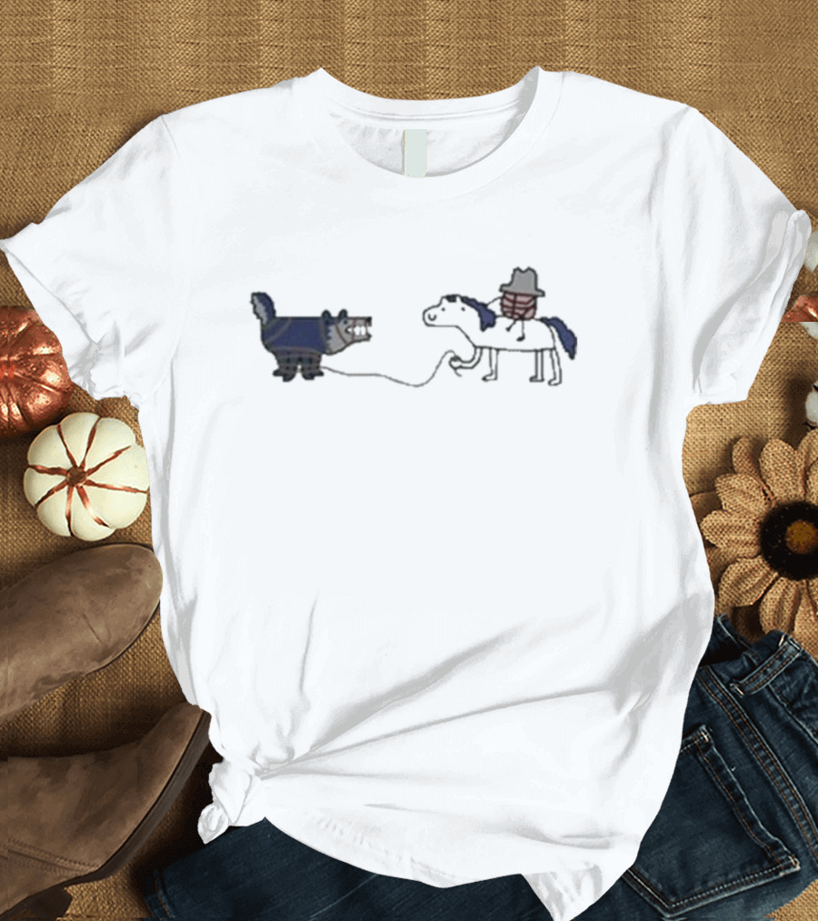 Mavs Tie Up The Wolves Cartoon Cowboy and Horse Roping Wolf T-Shirt