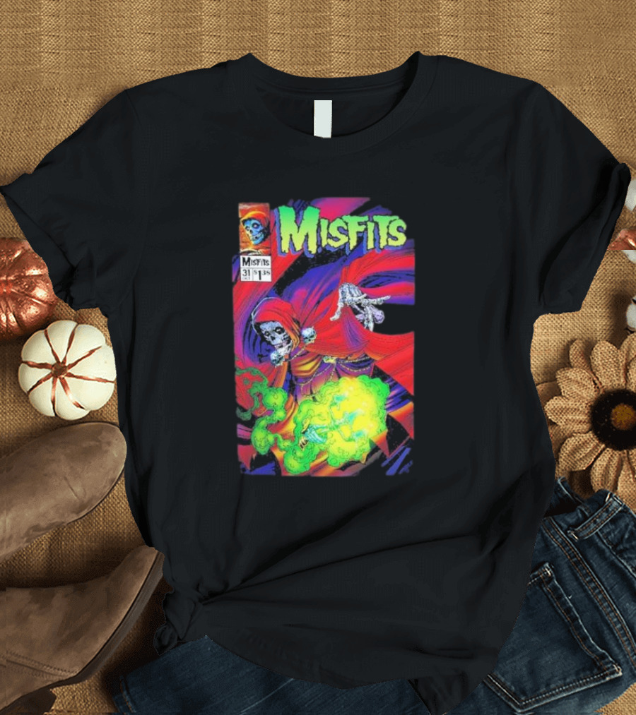 Misfits Yesterdays Death Skeleton Comic Cover 31 Skulls Purple Red Green Smoke T-Shirt