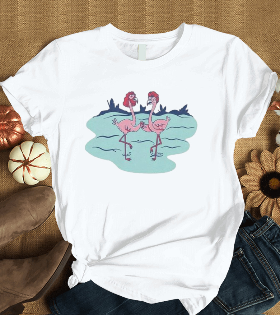 Flamingo Amigos in Blue Water Scene T-Shirt