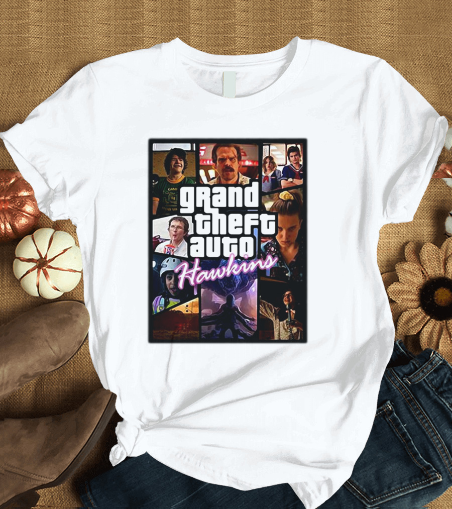 Stranger Things 3 Grand Theft Auto Hawkins Vintage Style Collage T-Shirt