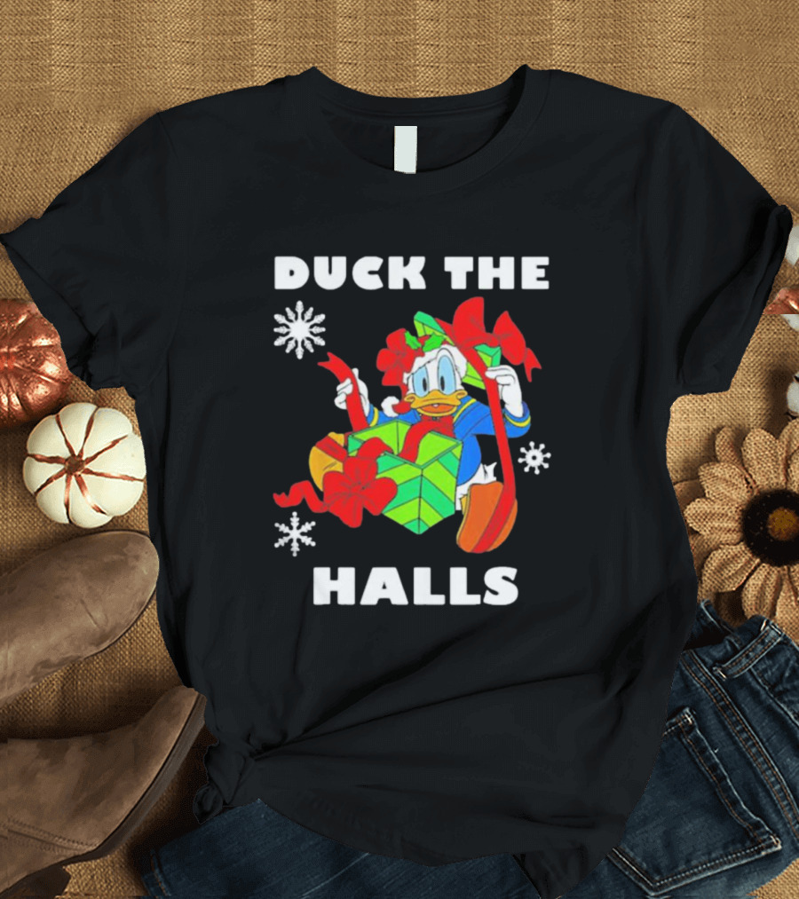 Duck the Halls Christmas with Present and Snowflakes T-Shirt