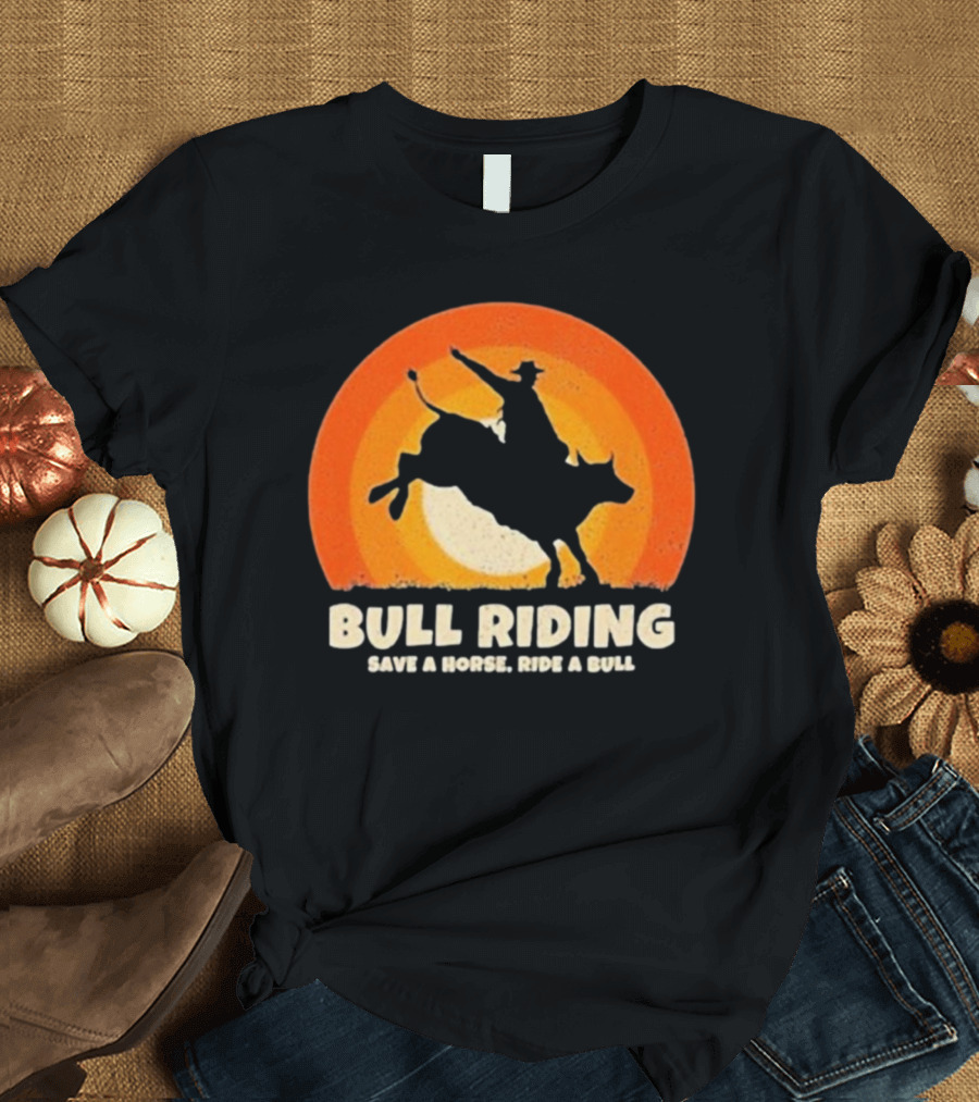 Bull Riding Save A Horse Ride A Bull Sunset Silhouette Cowboy Vintage T-Shirt