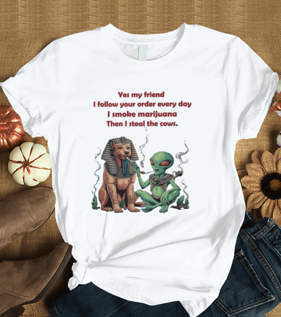 Yes My Friend I Follow Your Order Every Day I Smoke Marijuana Then I Steal The Cows Alien with Sphinx Smoking T-Shirt