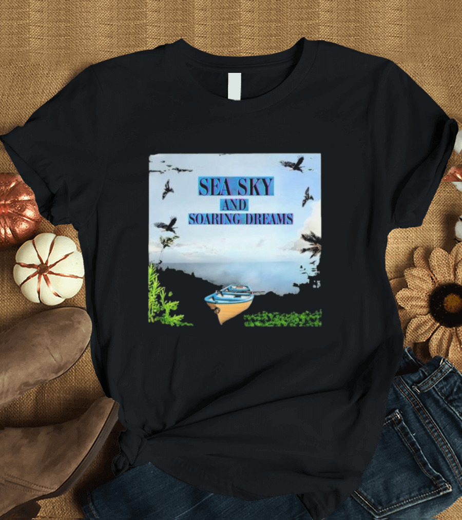 SEA SKY AND SOARING DREAMS WITH BIRDS AND BOAT IN NATURE SCENE T-Shirt