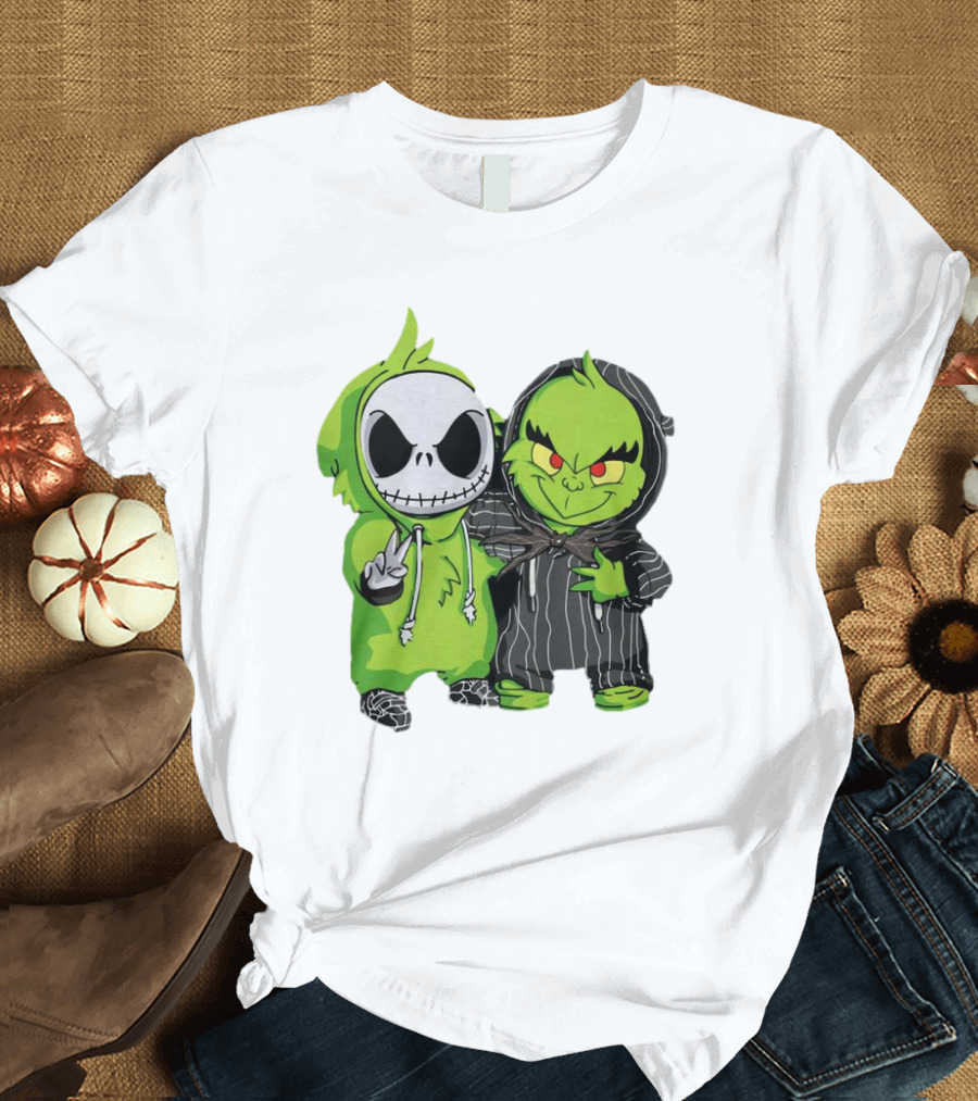 Baby Jack Skellington and Grinch in Green Hoodies T-Shirt