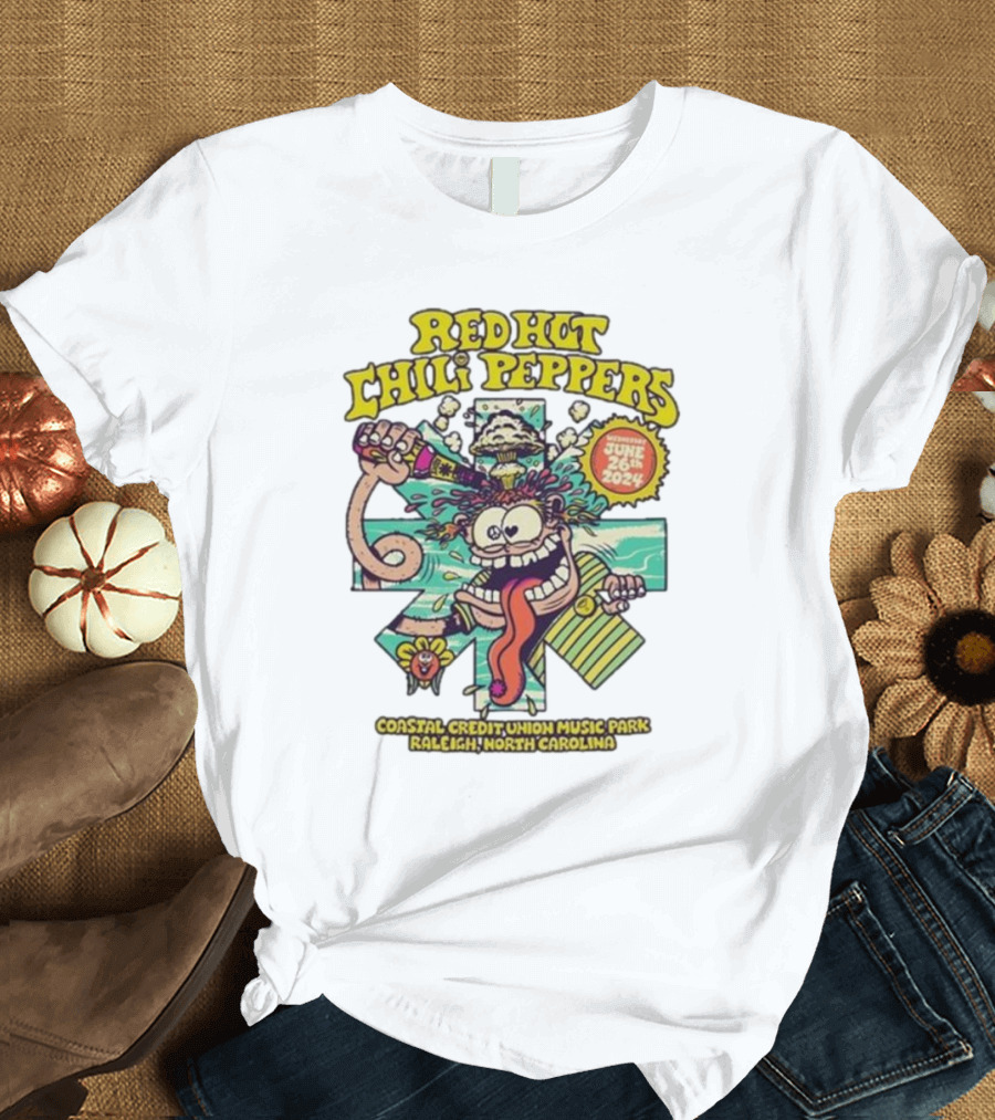 Red Hot Chili Peppers June 26 2024 Coastal Credit Union Music Park Raleigh North Carolina Colorful Cartoon T-Shirt