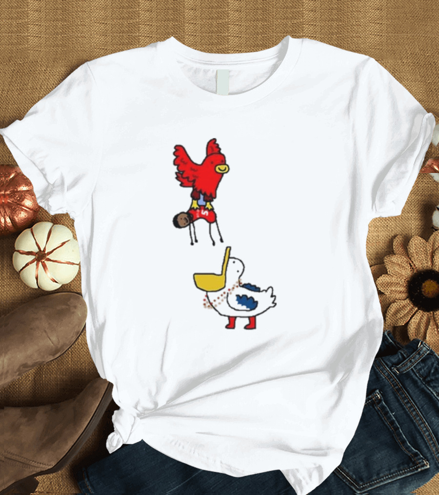 Atlanta Hawks Trade Dejounte Murray Featuring Cartoon Red Hawk Flying Over Pelican T-Shirt
