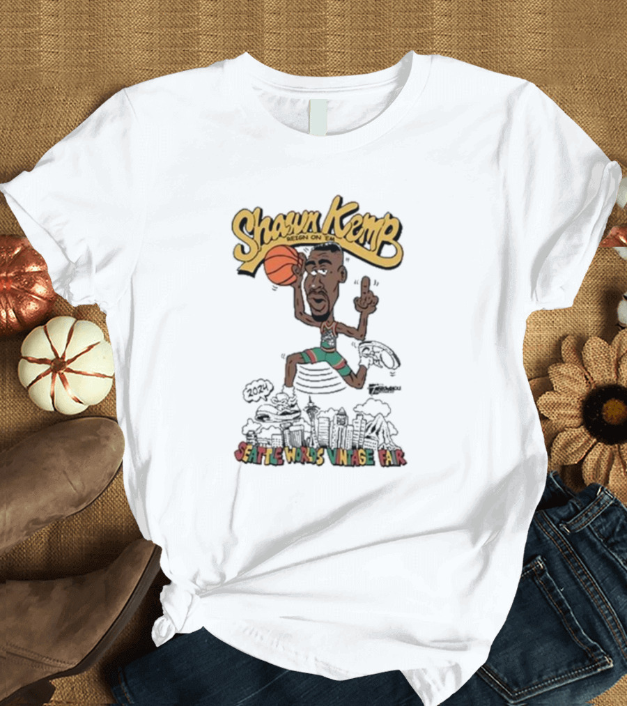 Shawn Kemp 2024 Seattle World's Vintage Fair Basketball Dunking Skyline Caricature T-Shirt