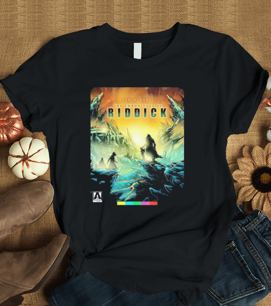 Vin Diesel The Chronicles Of Riddick Cover Art Poster With Mysterious Figures And Alien Landscape T-Shirt
