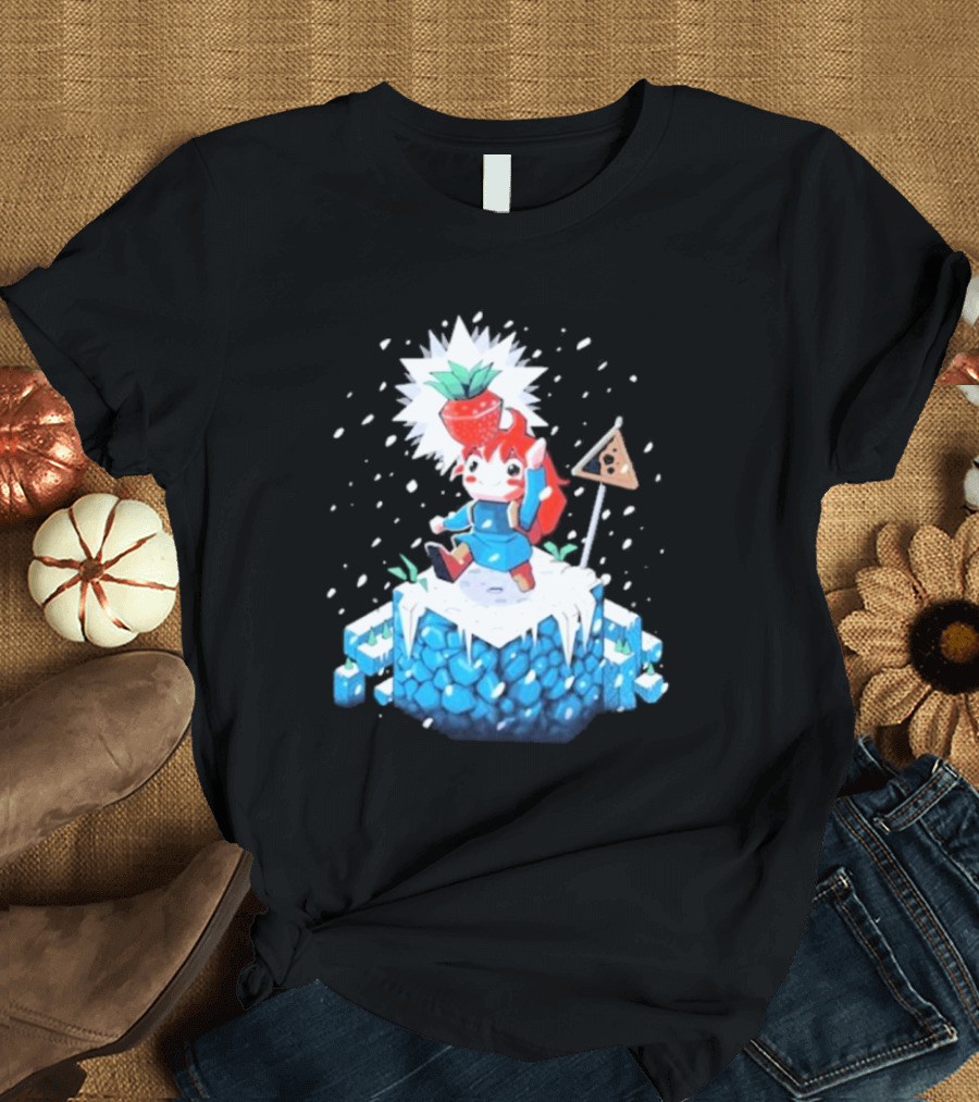 The Yetee Celeste 64 Pixel Adventure Character with Strawberry and Flag on Ice Mountain T-Shirt