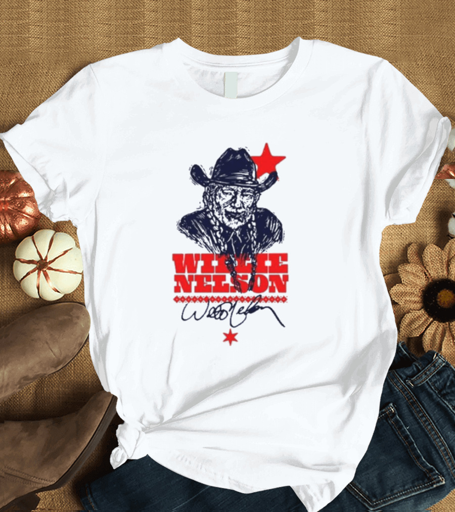 Willie Nelson Woodcut Cowboy Hat Red Star T-Shirt