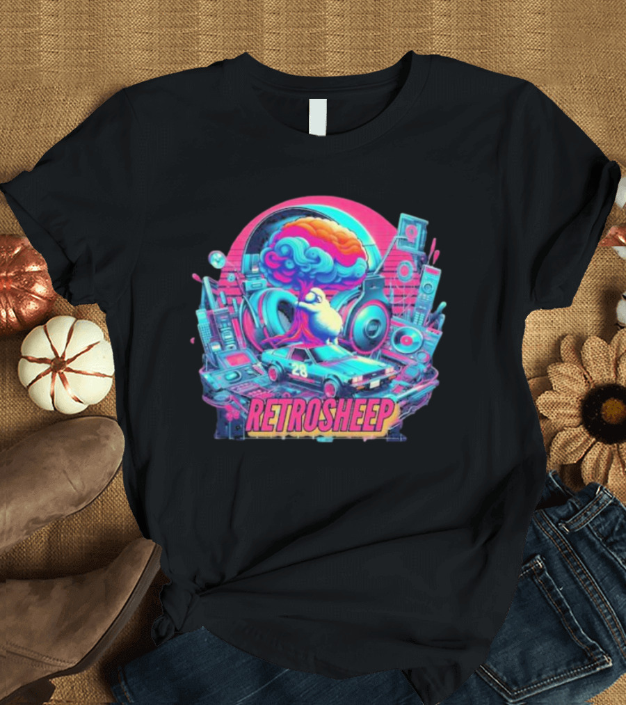 Retrosheep Neon Music Explosion with Retro Cars and Speakers T-Shirt