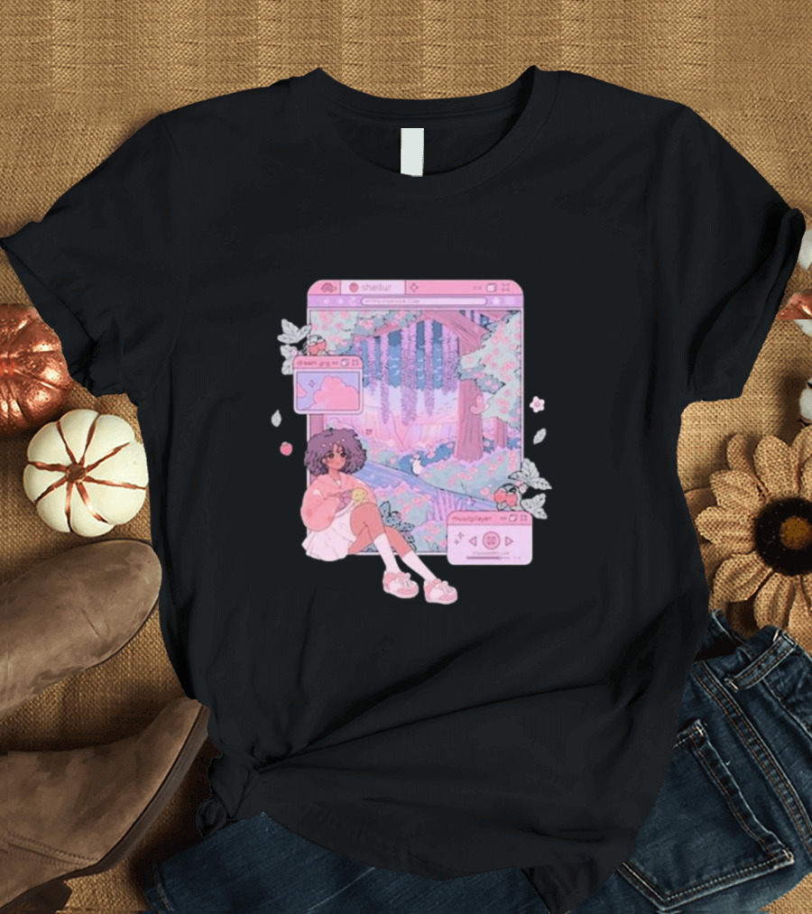 Sheilur Dreamy Strawberry Window Girl in Pink Forest T-Shirt