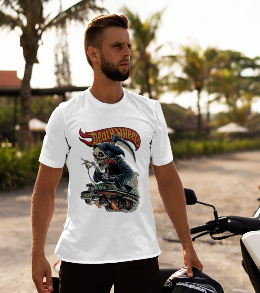 Deadly Wheels Krisna Okky Death Wheels Grim Reaper Driving Flaming Car T-Shirt