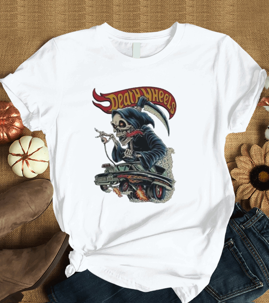Deadly Wheels Krisna Okky Death Wheels Grim Reaper Driving Flaming Car T-Shirt