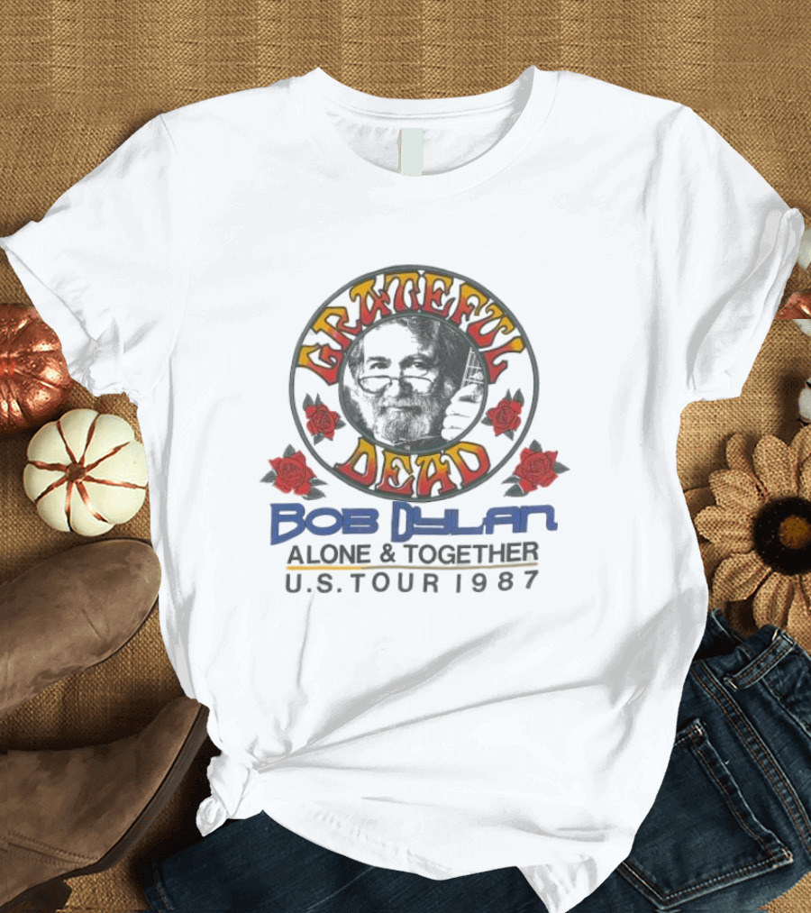 Grateful Dead Bob Dylan Alone and Together U.S. Tour 1987 Roses and Skull T-Shirt