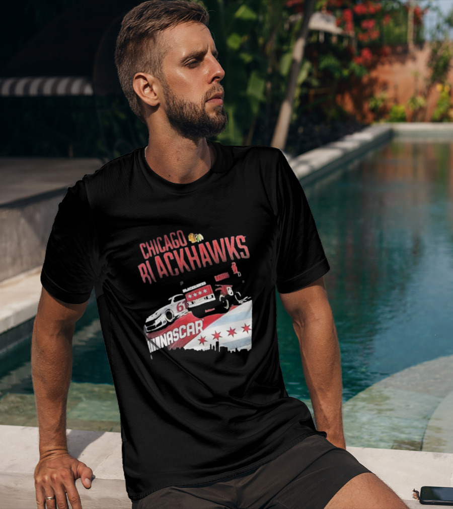 Chicago Blackhawks NASCAR Racing Car With City Skyline And Number 61 T-Shirt