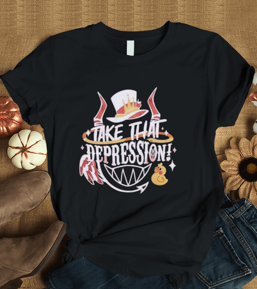 Take That Depression 2024 Hazbin Hotel Crowned Top Hat Winged Grinning Rubber Duck T-Shirt