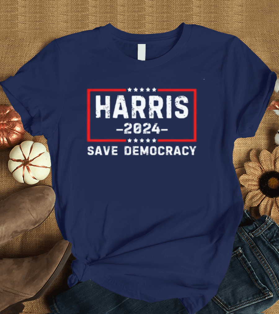 Kamala Harris 2024 Save Democracy Stars and Bold Red Frame T-Shirt