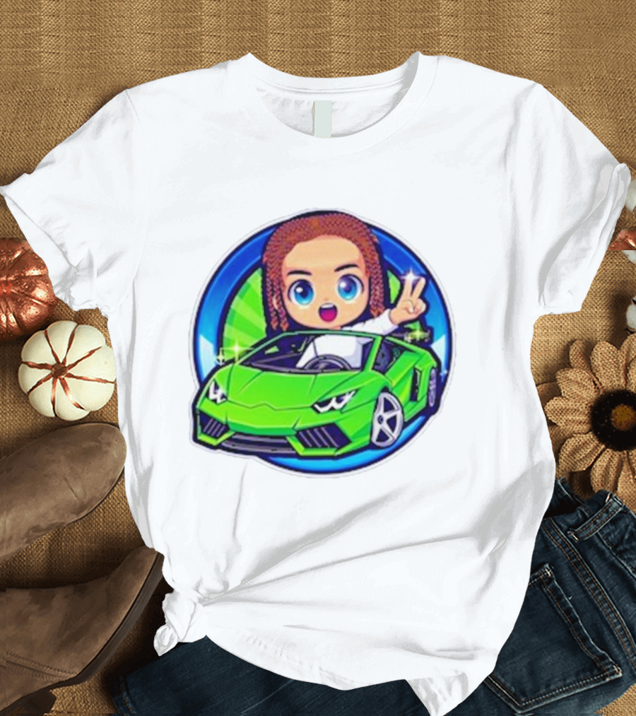 Leontin 2024 Cartoon Driver in Green Sports Car with Peace Sign T-Shirt