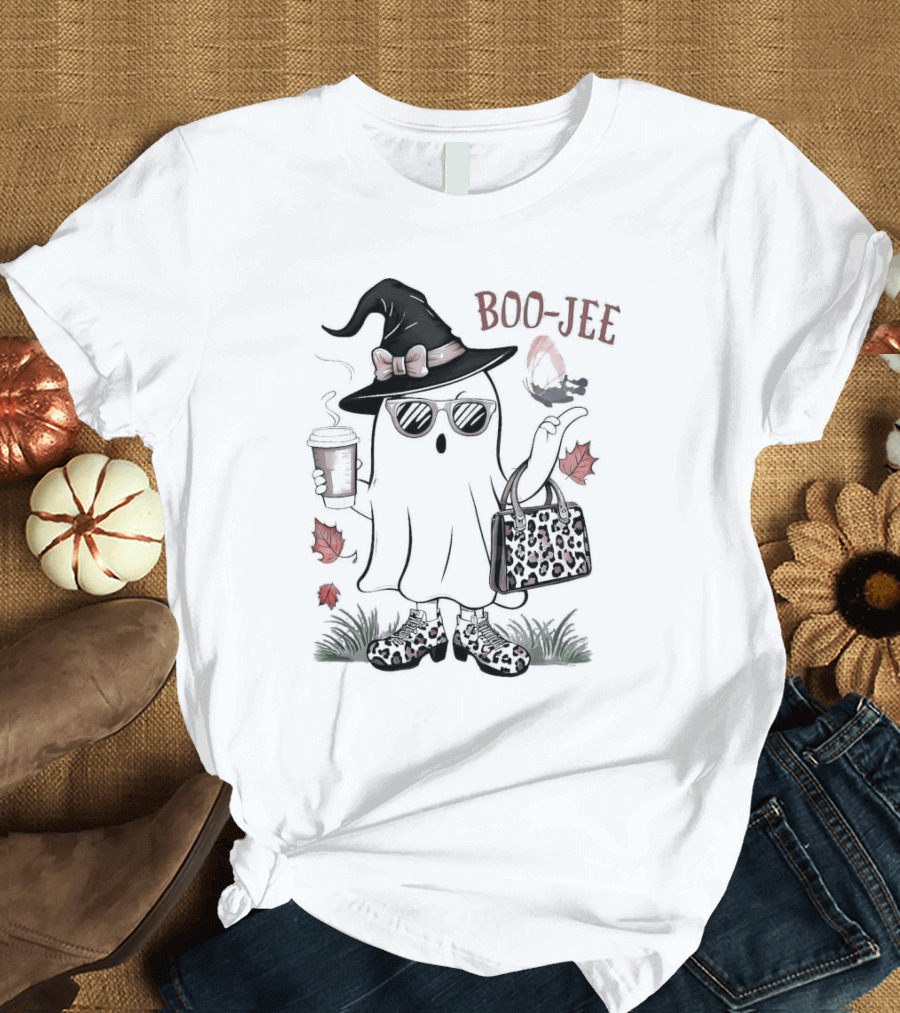 Boo Jee Leopard Ghost Fall Vibes with Witch Hat and Coffee Cup T-Shirt