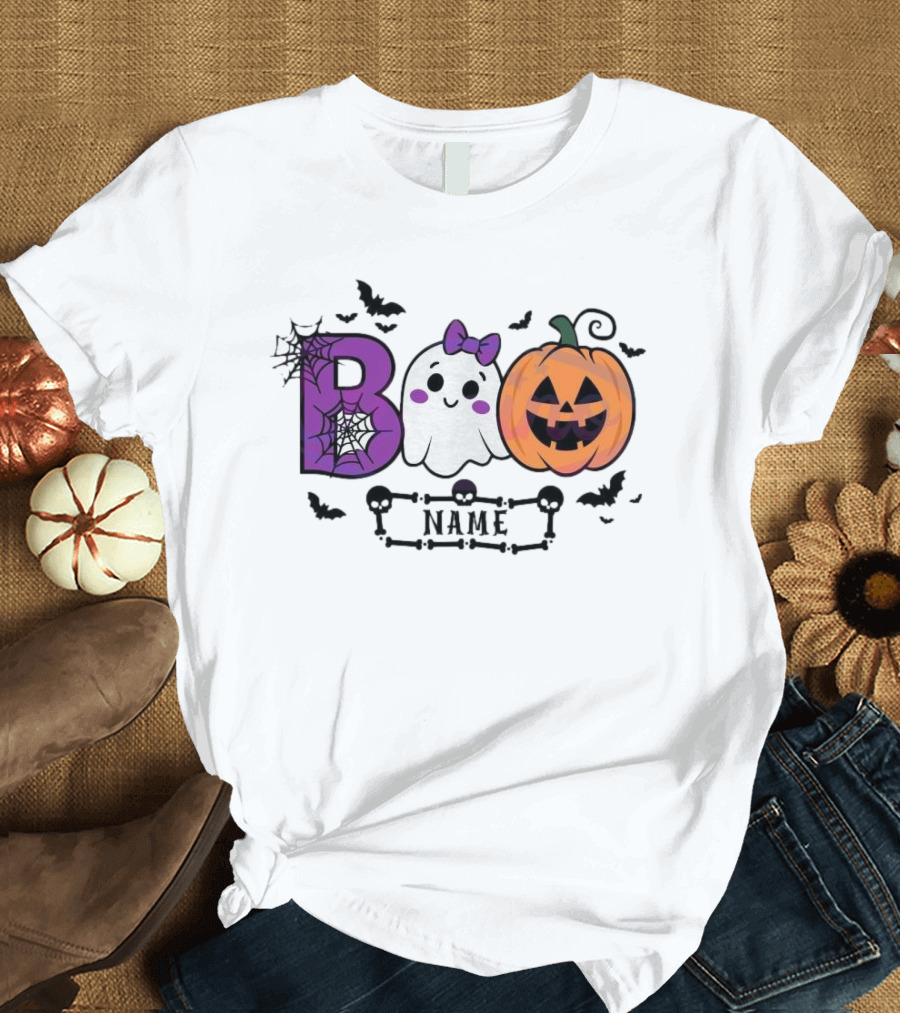Boo Name Ghost Pumpkin Halloween Spiders Bats T-Shirt