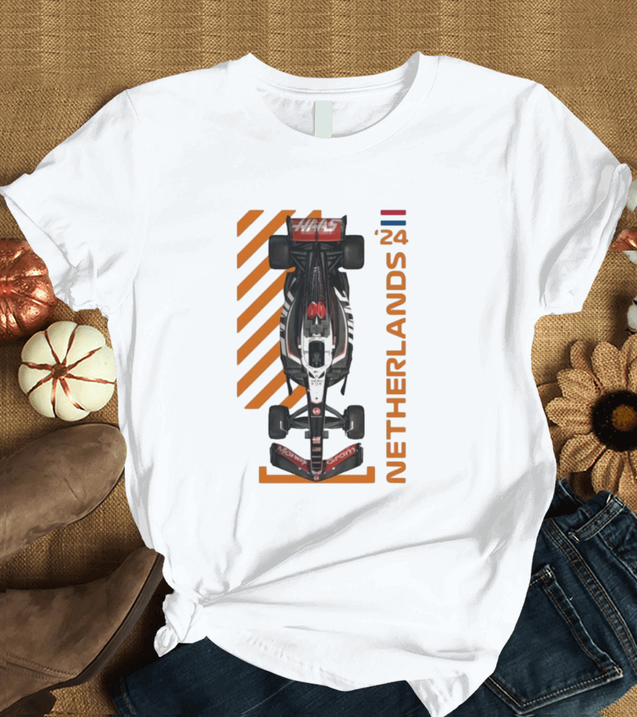 Haas F1 Racing Car Netherlands 24 Orange Stripes Racing Formula 1 T-Shirt