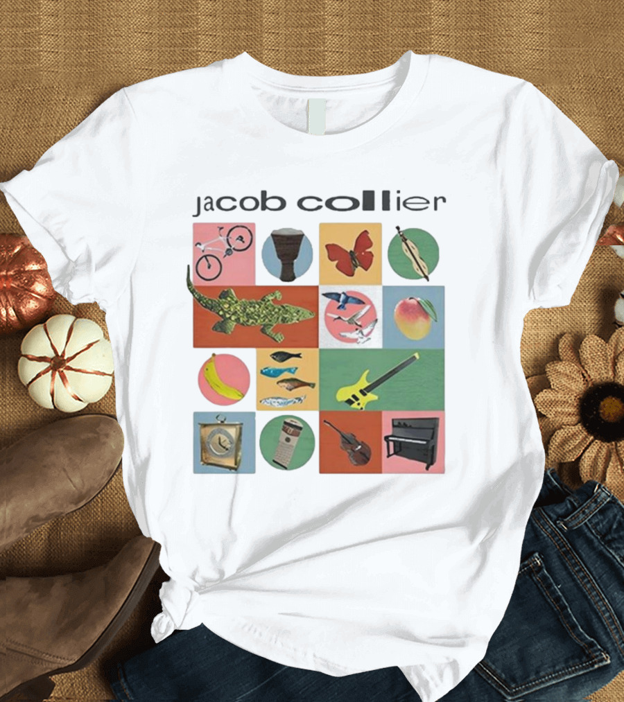Jacob Collier 2024 Tour Bicycle Butterfly Gecko Giraffe Keytar Banjo Piano Fish Bird Mango Banana Drums T-Shirt