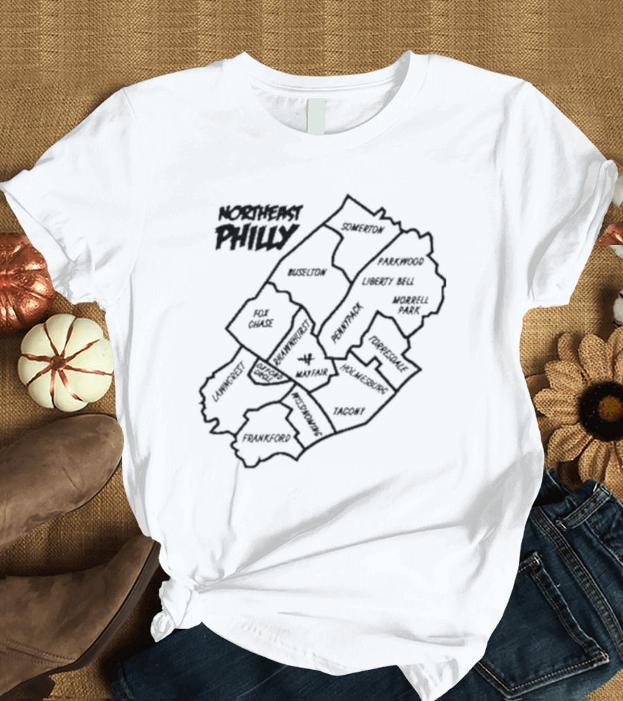 Northeast Philly Map Featuring Somerton Parkwood Liberty Bell Fox Chase Oxford Circle Tacony Frankford Map T-Shirt