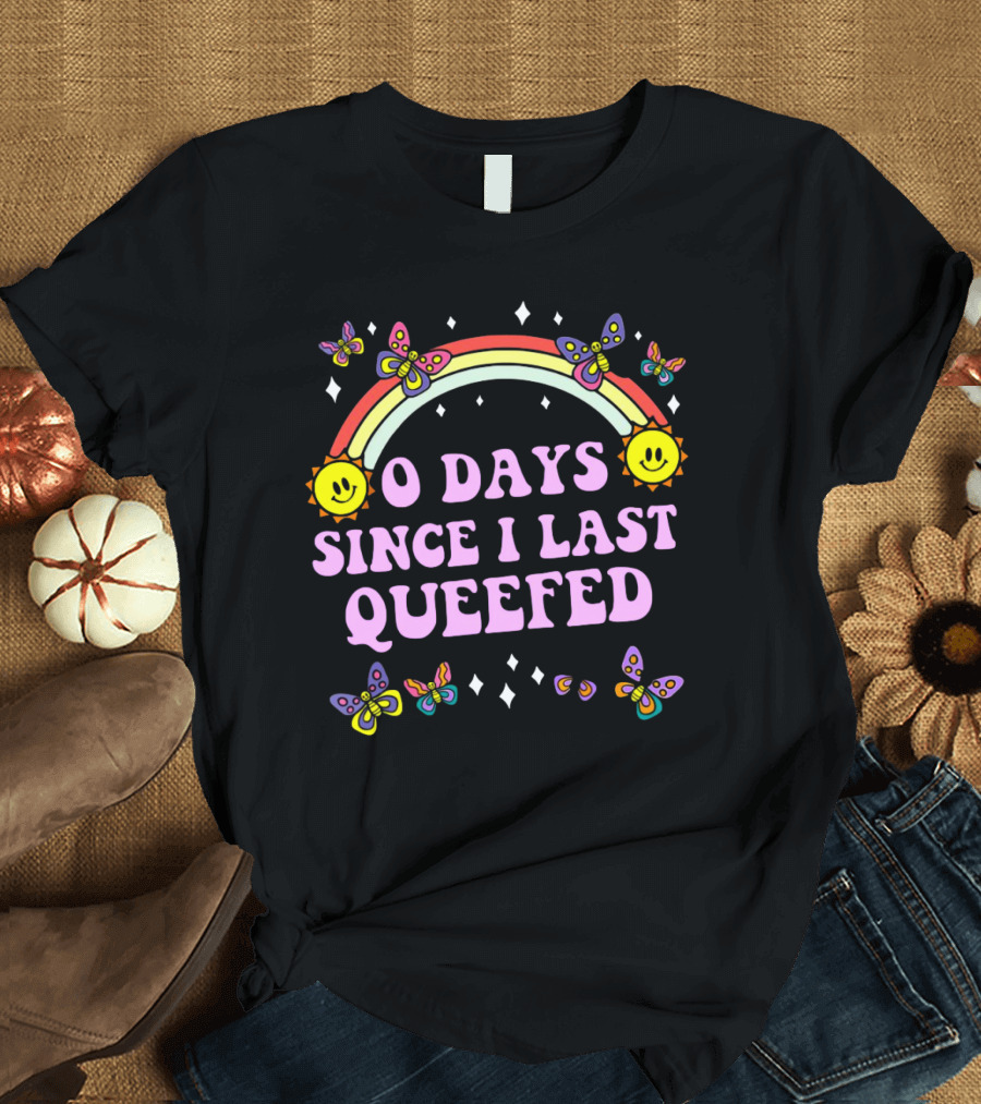 Sam Ramsdell Wearing O Days Since I Last Queefed Rainbow Butterflies Sun Smiley Faces Diamonds T-Shirt