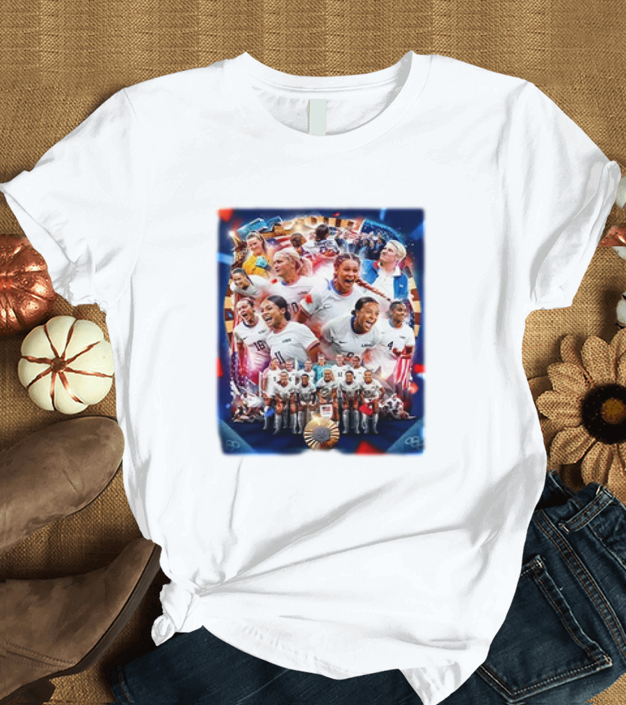 USWNT Olympic Victory Celebration with Smiling Athletes and Team T-Shirt