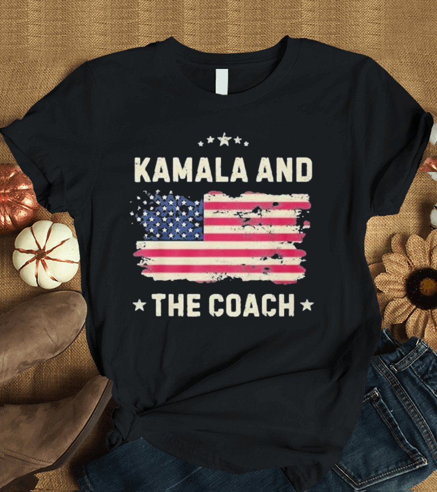 Kamala and the Coach 2024 Harris Walz USA Flag T-Shirt
