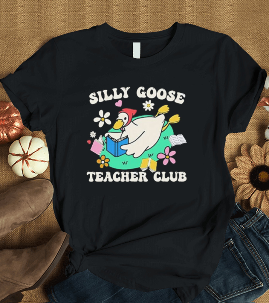 Silly Goose Teacher Club Reading Duck with Flowers and Open Books T-Shirt