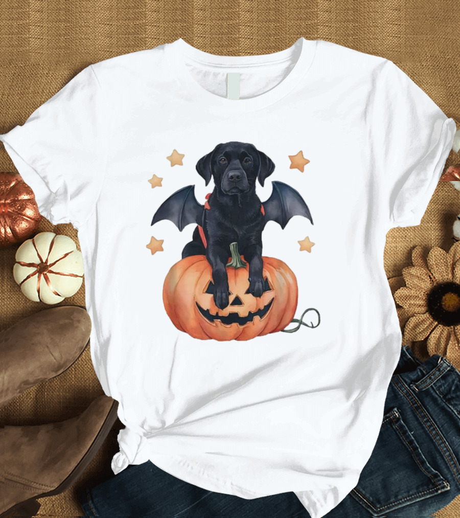 Cute Black Labrador Halloween Pumpkin Dog Mom with Bat Wings and Stars T-Shirt