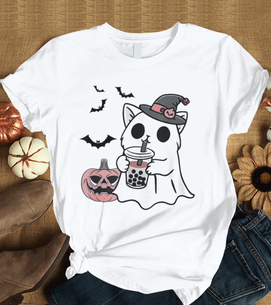 Ghost Cat with Bubble Tea and Halloween Pumpkin T-Shirt
