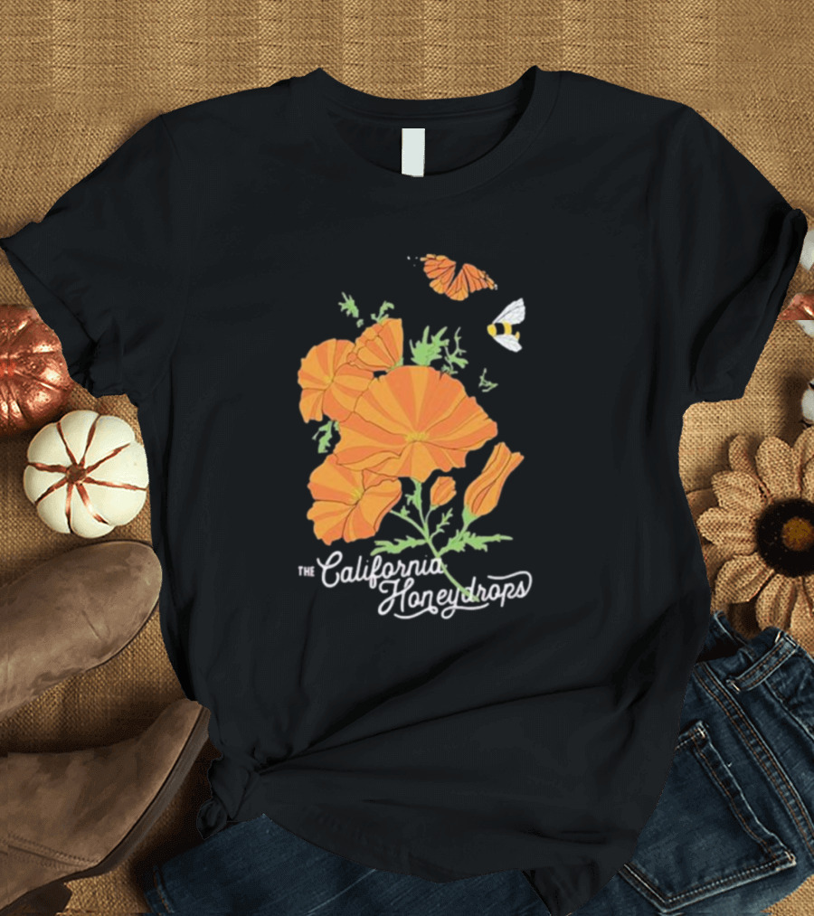 The California Honeydrops Orange Poppies Meadow with Butterfly and Bee T-Shirt