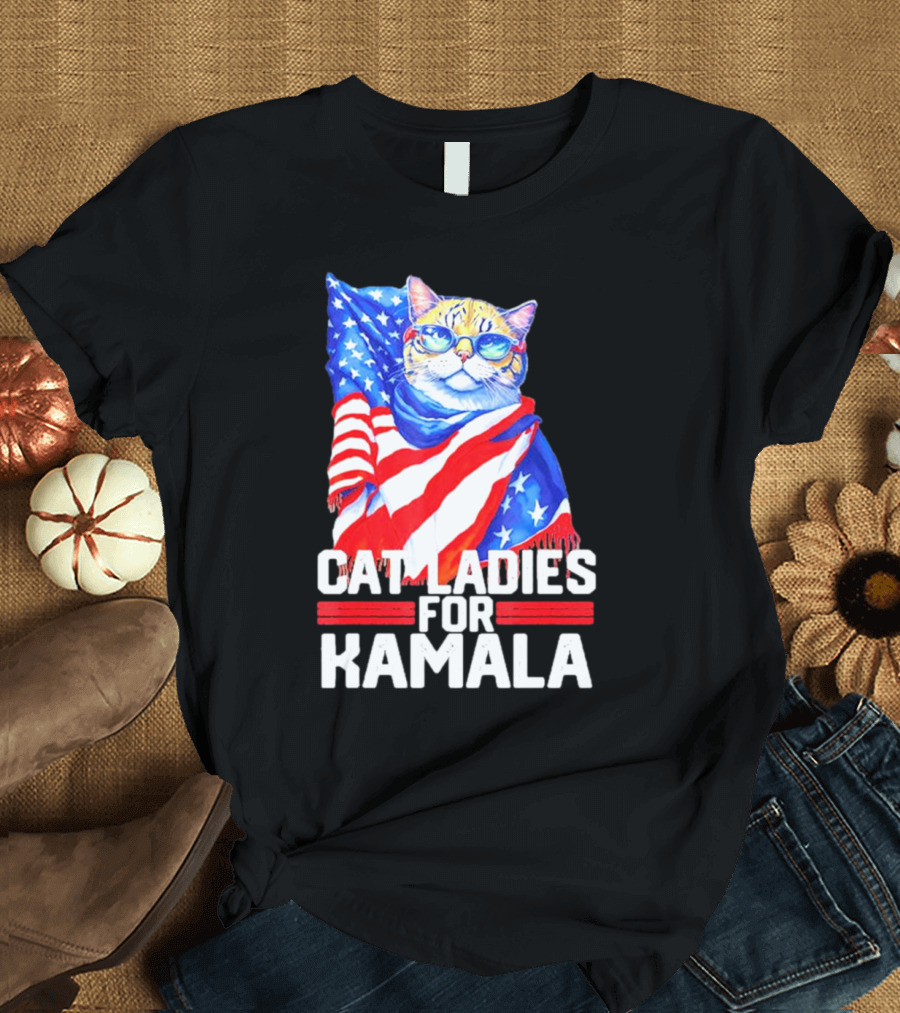Cat Ladies for Kamala 2024 USA Flag Cat with Glasses T-Shirt