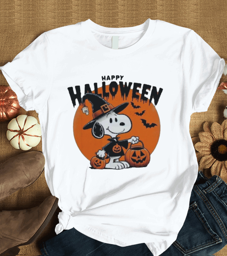 Snoopy Happy Halloween Witch Costume Pumpkin Bats T-Shirt